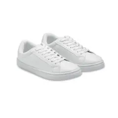 Baskets personnalisées en PU taille 38 blanches, semelle caoutchouc et lacets polyester, vue de trois quarts