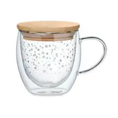 Mug en verre borosilicate double paroi personnalisable 220 ml transparent à étoiles argentées et couvercle en bambou