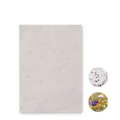 Carte à planter ASIDO en papier recyclé ensemencé blanc au format A6, avec zoom sur les graines et fleurs sauvages