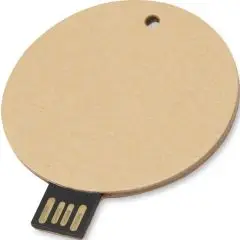 Clé USB ronde personnalisable en papier recyclé kraft, disque plat avec petit œillet et connecteur USB apparent