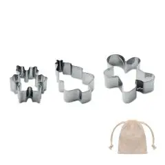 Kit de 3 emporte-pièces de Noël personnalisés en inox brillant, sapin, flocon et bonhomme, avec pochon en coton beige