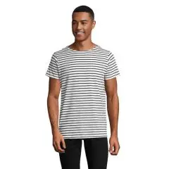 T-shirt rayé personnalisé MILES MEN blanc et marine porté par un homme, col rond et coupe ajustée, vue de face