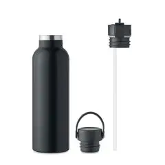 Gourde isotherme personnalisée noire 700 ml en inox recyclé avec bouchon vissé à anneau et bouchon paille amovible
