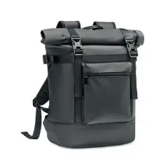 Sac à dos rolltop personnalisé noir en bâche tarpaulin avec boucles de fermeture et poche frontale zippée