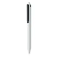 Stylo bille en ABS recyclé blanc avec clip noir et bouton poussoir, vue de profil sur fond blanc