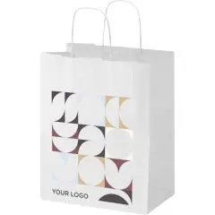 Petit sac cadeau kraft blanc à poignées torsadées, décor géométrique de demi-cercles colorés et logo en bas