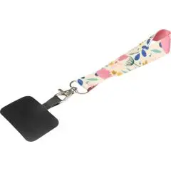 Dragonne téléphone personnalisée GABY en RPET sublimé à motif floral pastel avec mousqueton et support noir