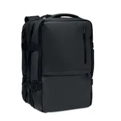 Sac à dos ordinateur personnalisé noir XJUST en RPET vu de trois quarts avec poignée, poches zippées et sangles