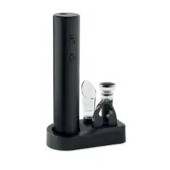 Tire-bouchon électrique personnalisé VINO SET noir sur son socle avec bec verseur, bouchon et coupe-capsule