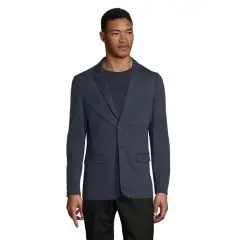 Blazer homme personnalisé MARCEL MEN bleu nuit en maille piquée porté de face avec col tailleur et 2 boutons