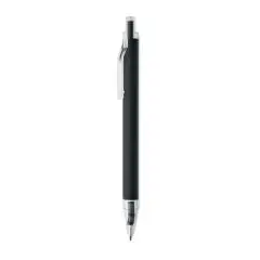 Stylo publicitaire en aluminium recyclé NOSTA noir mat à bouton-poussoir et clip, présenté à la verticale