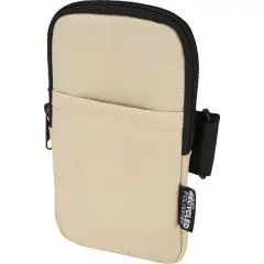 Pochette pour gourde personnalisable BYRON beige avec zip noir, poche avant et sangle de fixation latérale, vue de face