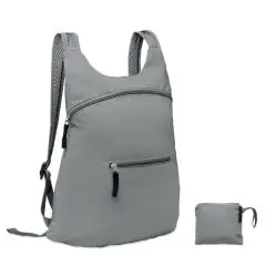Sac à dos pliable personnalisé argent réfléchissant avec poche zippée, présenté déplié et replié en pochette
