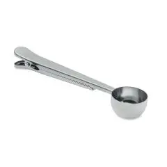 Cuillère doseuse personnalisée en inox poli avec mesure ronde de 15 ml et manche formant un clip pour sachet de café