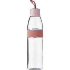 Gourde publicitaire Mepal Ellipse 700 ml transparente avec bouchon rose à boucle et bande élastique assortie