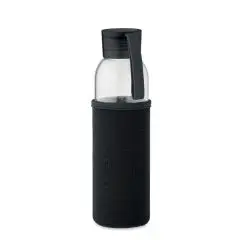 Bouteille en verre recyclé personnalisée 500 ml avec housse en néoprène noire et bouchon noir à anse silicone