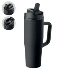Gobelet isotherme personnalisé noir 900 ml en inox recyclé avec poignée, paille et détails du couvercle