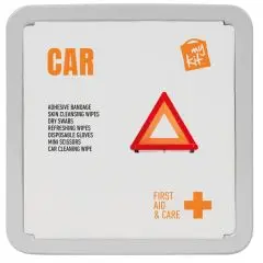 Kit de premiers secours voiture personnalisable MyKit, boîtier métallique gris, contenu de soins visible

