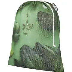 Sac fruits et légumes personnalisable en polyester recyclé sublimé motif feuilles vertes avec cordon blanc