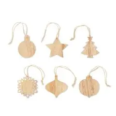 Lot de 6 décorations de Noël en bois de hêtre personnalisables CHRISET : boules, étoile, sapin et flocon à suspendre