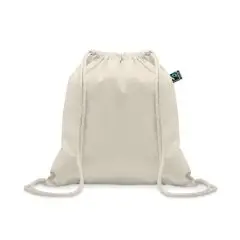 Sac à dos cordelette en coton équitable beige 180 g/m² avec cordons en coton et petite étiquette latérale