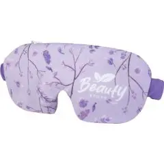 Masque de nuit personnalisé lilas imprimé en sublimation de brins de lavande avec logo blanc et élastique violet