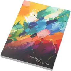 Carnet ligné personnalisé A5 à couverture souple, peinture abstraite orange, turquoise et bleu imprimée en pleine page