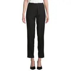Pantalon femme personnalisé noir à coupe droite et taille élastiquée, porté de face avec des escarpins noirs