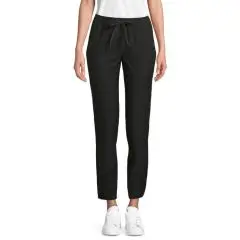 Pantalon tailleur femme personnalisé noir GERMAIN WOMEN porté de face, ceinture élastiquée à cordon et bas resserré
