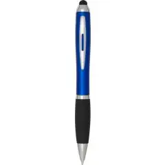 Stylo stylet publicitaire Nash au corps bleu royal perlé, grip noir, clip argenté et embout tactile noir, vu de face