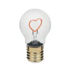 Ampoule LED publicitaire LUMIGLOW en verre avec filament en forme de cœur fuchsia et culot doré vintage