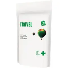 Kit de secours voyage personnalisé en pochette papier blanche avec titre Travel et montgolfière