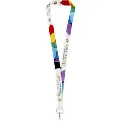 Tour de cou personnalisable en rPET blanc imprimé CultureFest, boucle noire et mousqueton métallique