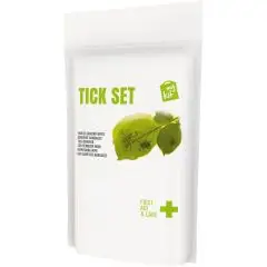 Pochette papier blanche du kit anti-tiques personnalisé MyKit imprimée Tick Set avec feuilles vertes et croix verte