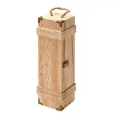 Coffret à vin personnalisable en paulownia fermé, avec poignée en corde et coins métalliques, vue de face
