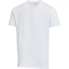 T-shirt col V personnalisé unisexe Balfour en coton bio, coloris blanc vu de face sur fond blanc