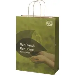 Grand sac papier publicitaire en déchets agricoles imprimé d'un visuel vert avec poignées torsadées