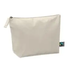 Trousse de toilette personnalisable en coton Fairtrade beige naturel avec fermeture zippée et étiquette du label