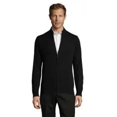 Gilet homme personnalisé noir zippé en maille fine à col montant, porté de face avec un pantalon sombre