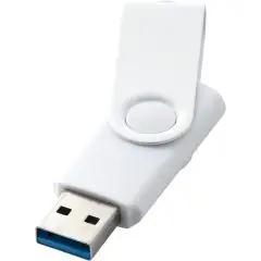 Clé USB 3.0 publicitaire Rotate blanche avec clip métallique pivotant et connecteur bleu