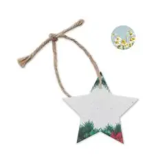 Étoile de Noël en papier ensemencé personnalisable STARSEED blanche à motifs de sapin, cordon en jute et fleurs sauvages