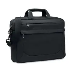 Sacoche ordinateur personnalisable en RPET 600D noire avec poignées, poche avant zippée et bandoulière amovible