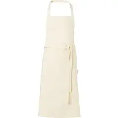 Tablier personnalisé en coton bio OCS coloris naturel écru avec bavette, sangle de cou et longs liens, vue de face