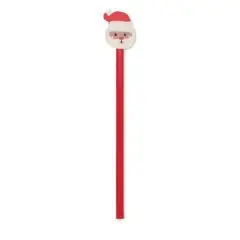 Crayon de Noël personnalisable rouge en bois de peuplier surmonté d'une gomme tête de Père Noël à lunettes