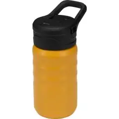 Gourde de sport Knox jaune en inox recyclé au corps nervuré avec bouchon noir à poignée et paille rabattable