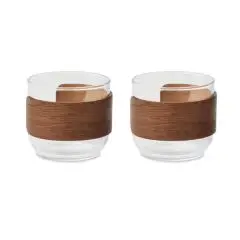 Tasse à café personnalisée en verre borosilicate transparent avec manchon en bois de noyer, set de deux tasses de 120 ml