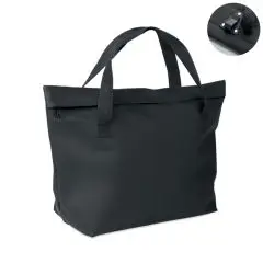 Sacoche vélo personnalisée noire en PU hydrofuge façon cabas zippé, anses et détail du crochet de fixation