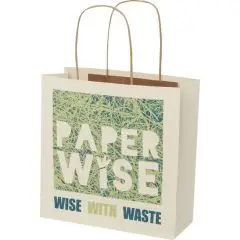 Sac papier personnalisé blanc cassé à poignées torsadées marron, imprimé d'un visuel vert à texture de paille