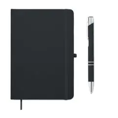 Carnet A5 personnalisé noir à élastique et marque-page avec stylo à bille noir et chromé en aluminium recyclé