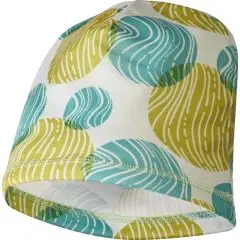 Bonnet personnalisé LEIA sublimé de feuilles stylisées vert anis et turquoise sur fond blanc, vue de face